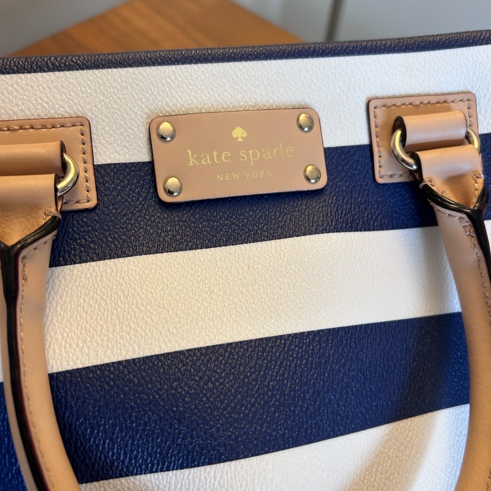 kate spade Navy and White Stripe Satchel with tan trim - Picture 4 of 4